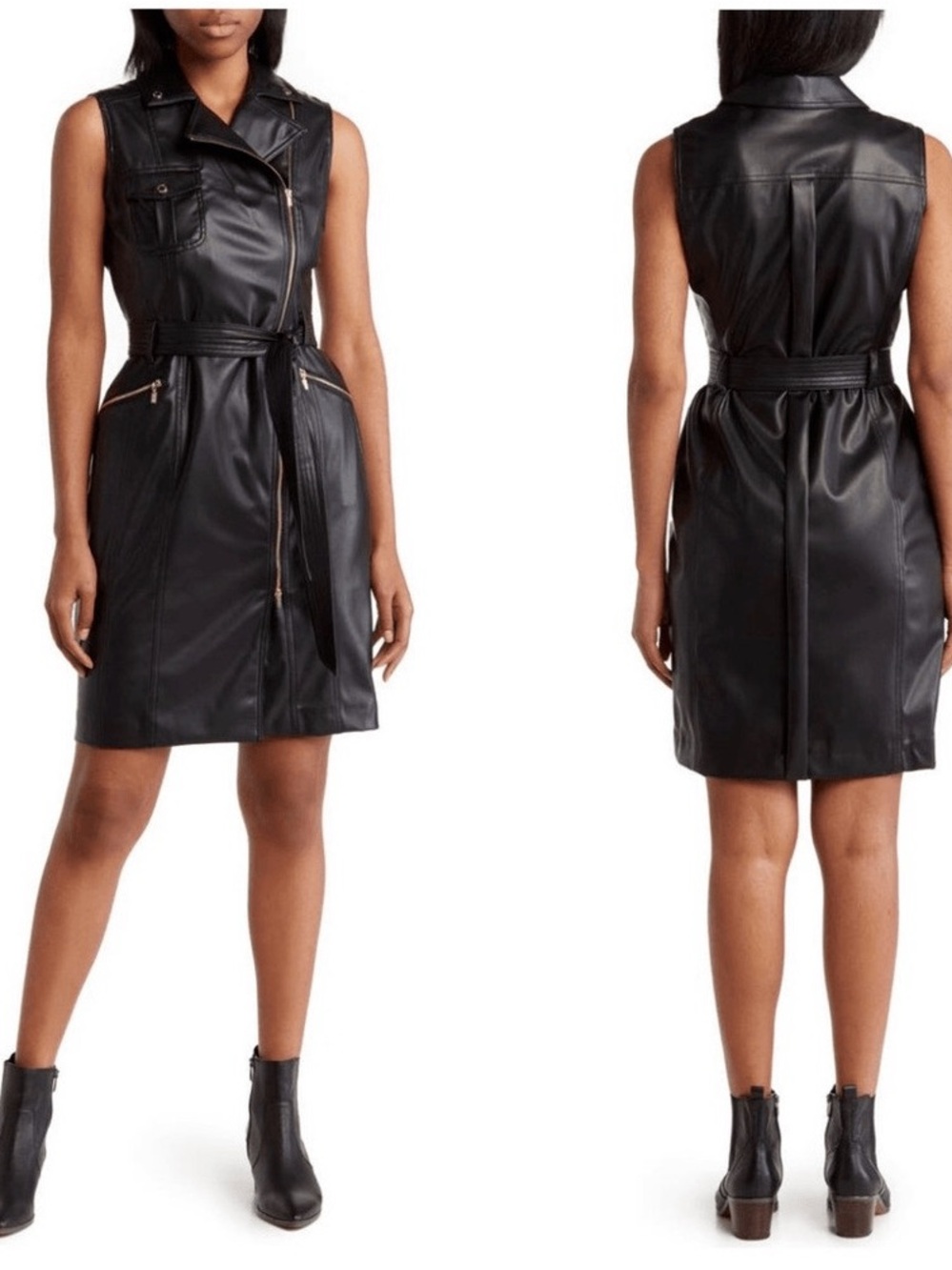 Calvin Klein Black Faux Leather Belted Sleeveless Dress
